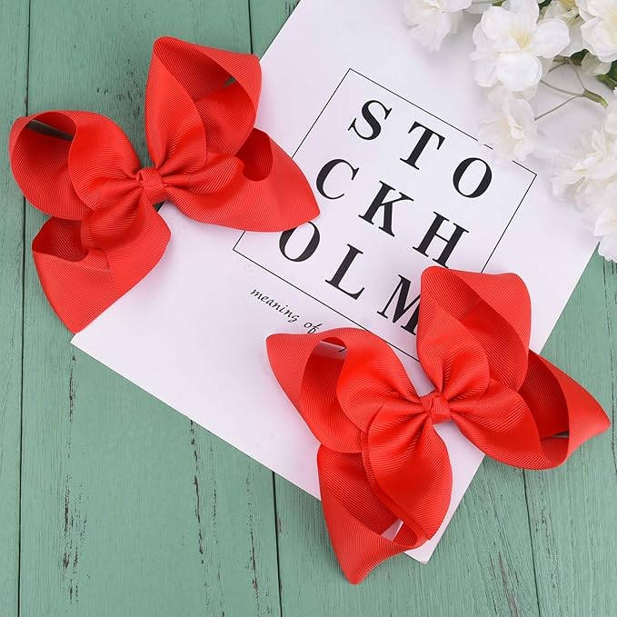DEEKA 2 PCS 6" Big Hand-made Grosgrain Ribbon Solid Color Hair Bows Alligator Clips Hair Accessories for Little Teen Toddler Girls Kids Set of 2 -Red