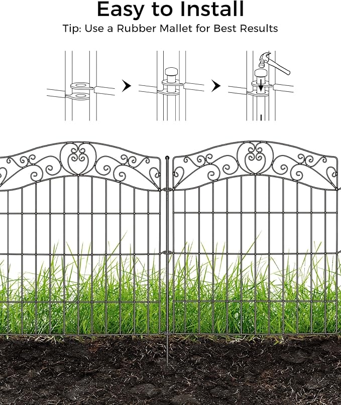 5 Panels No Dig Decorative Outdoor Garden Fence with Gate, 40 in(H) X 11.8 ft(L) Animal Barrier Fencing, Rustproof Portable Fence, Temporary Dog Fence Outdoor for Yard, Outside, Backyard