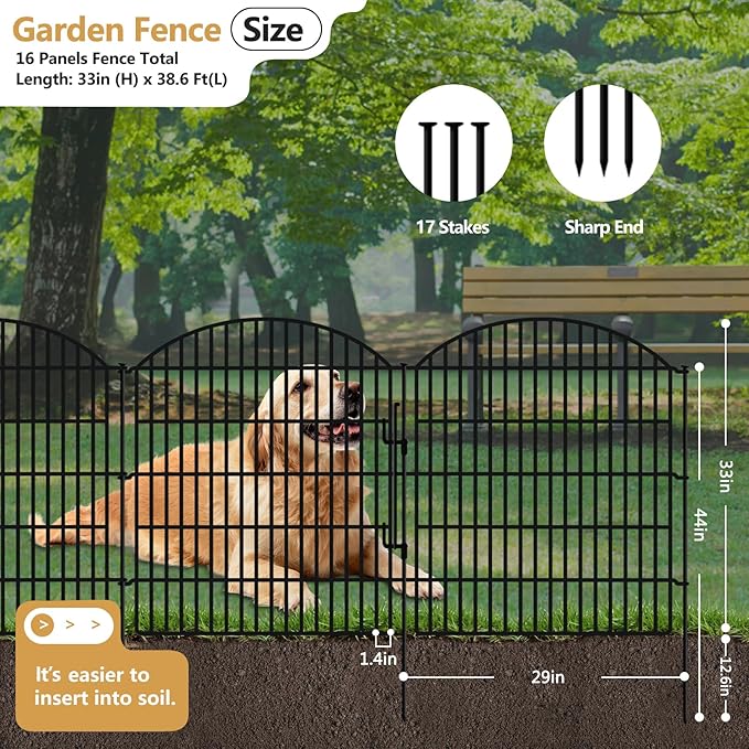 16 Panels Decorative Garden Fence with Lock, 33in (H) x 38.67ft (L) No Dig Dog Animal Barrier for Outdoor Yard, Rustproof Ground Stakes Metal Fencing for Yard, Patio, Flower Bed