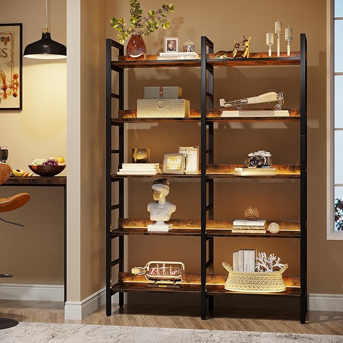 Tribesigns 5-Tier Industrial Bookshelf, 71”H x 47”W Etagere Bookcase, Freestanding Double Wide Book Shelf for Storage and Display, Wood and Metal Bookshelves for Living Room Home Office, Rustic Brown