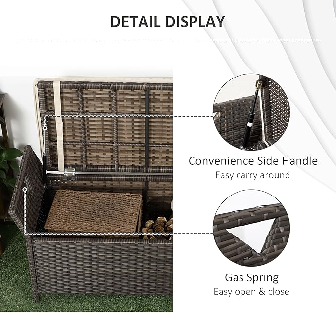 Outsunny 29 Gallon Patio Wicker Storage Bench, Outdoor PE Rattan Patio Furniture, 2-in-1 Large Capacity Rectangle Garden Storage Box with Handles and Cushion, Red