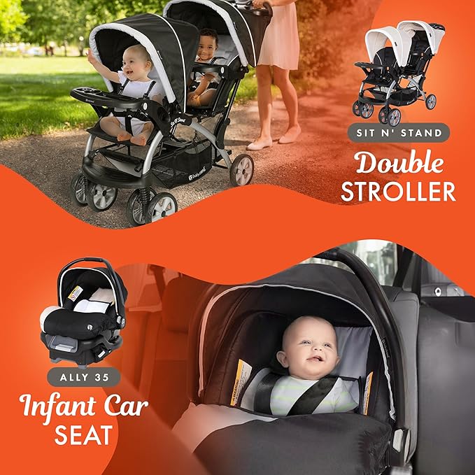 Baby Trend Infant and Toddler Double Stroller & 2 Car Seat Combo, 3 Pc Set, Khaki - Portable and Lightweight Stroller Duo and Car Seat Travel System Tandem
