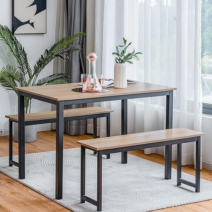 LDAILY Moccha Dining Table Set for 4, Kitchen Table with Benches,43 Inch 3-Piece Wooden Space-Saving Dinette Set with Metal Frame for Kitchen, Dining Room,Small Spaces, Industrial Brown & Black