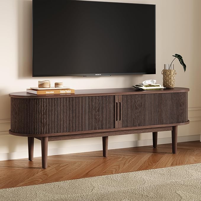 LINSY 58" Fluted TV Stand, Modern Entertainment Center for TVs Up to 65 inches, TV Console with Sliding Doors, Curved Profile Design, Media Console for Living Room, Walnut