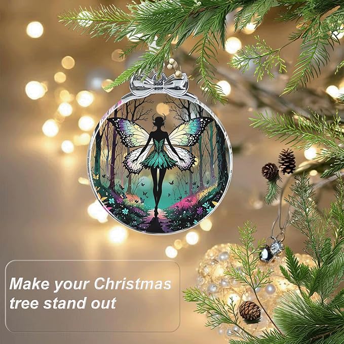Forest Fairy Stained Glass Ornament - Hanging Ornaments for Christmas Tree, Christmas Ornaments Xmas Decorations, Holiday Keepsake Present Exchange Ideas