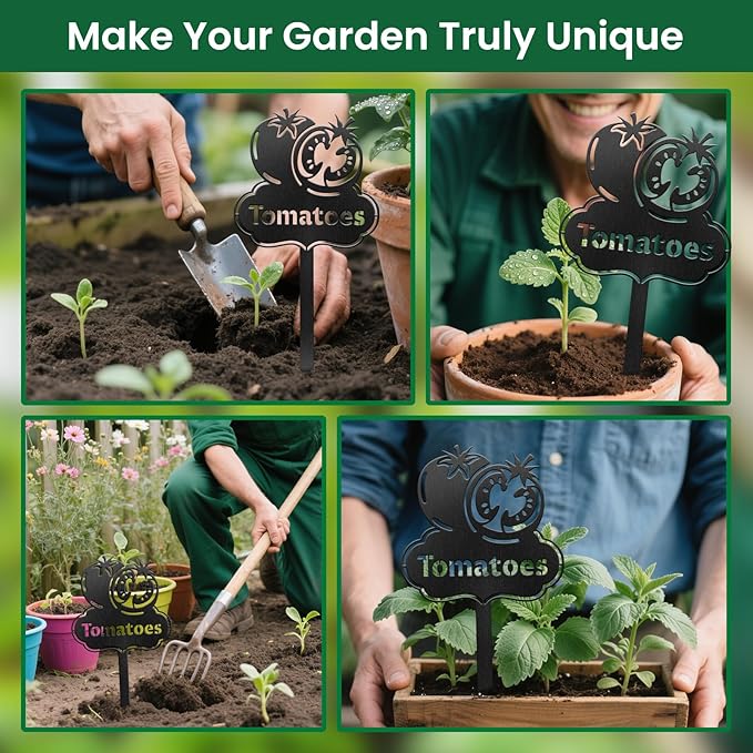 CUTHOLLOW Metal Plant Marker Stake Tomatoes for Outdoor Indoor, Waterproof 11.8 inch Cute Garden Plant Labels Sign Tag for Vegetables, Farmhouse Greenhouse Decor - Funny Gardening Gifts