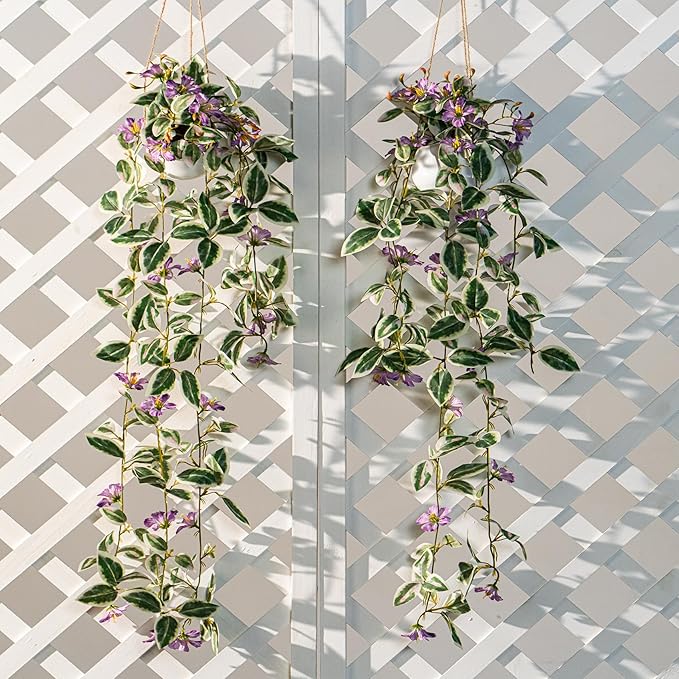 2PCS Artificial Hanging Plant with Pot Faux Hanging Plants Small Hanging Plants Pot with Artificial Vines and Flower Greenery Decoration for Living Room Wall Home Wall Shelf