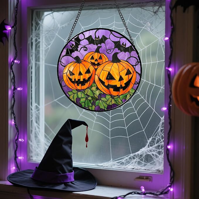 Stained Glass Window Hanging Halloween Scary 3 Bat and Pumpkin Monsters 7.8" - Suncatcher Door Garden Sun Catcher Gothic Home Decor Birthday Horror Gifts for Mom Men Woman Friend