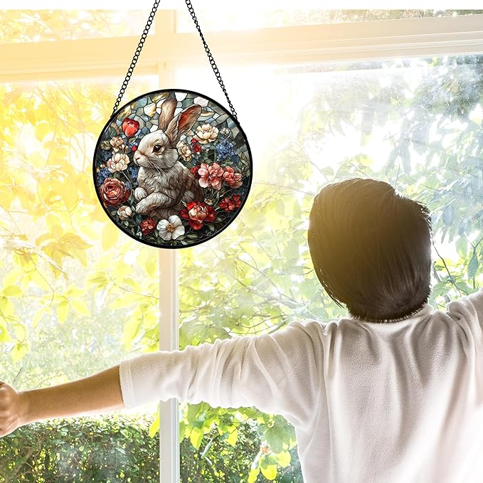 Stained Glass Window Hanging - Cute Rabbit Flowers Suncatcher Ready to Hang Window Doors Home Decoration, Christmas, Mother's Day Birthday Gifts for Women, Men, and Mom11.8x11.8 in