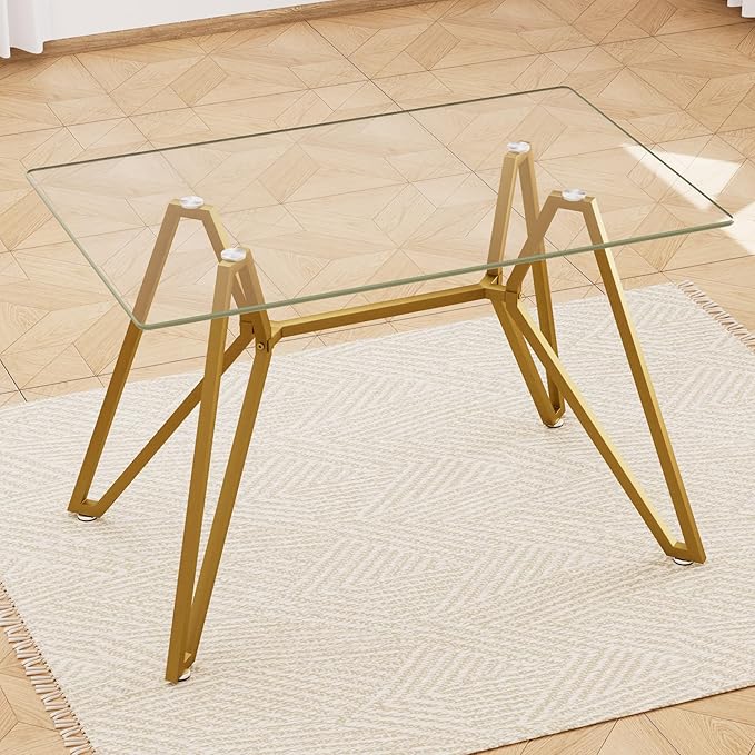 47.3" Glass Dining Table Modern Kitchen Table for 4 People Rectangular Dining Room Dinner Tables with Clear Glass Top & Gold Metal Legs for Kitchen Apartment