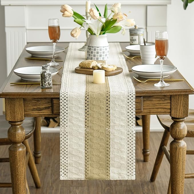 Artoid Mode Burlap Brown Farmhouse Rustic Table Runner, Seasonal Holiday Hollow Kitchen Dining Table Decoration for Home Party Decor 12x36 Inch