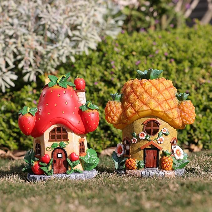 Solar Fairy Garden Houses - Fairy Garden Accessories Pineapple Houses for Outside Porch Backyard Yard Lawn Flower Bed Decor