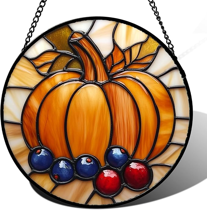 Stained Glass Window Hanging Fall Pumpkin Berries 9.8" - Suncatcher Door Garden Kitchen Sunroom Sun Catcher Autumn Home Decor Birthday for Mom Grandma Men Woman