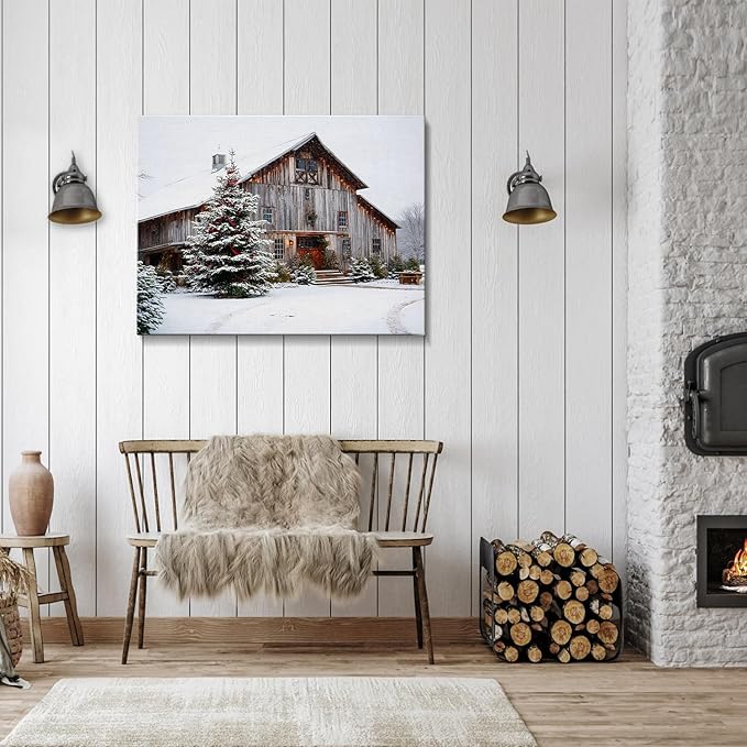 Rustic White Barn & Christmas Tree Winter Landscape Canvas Wall Art - Farmhouse Christmas Framed Canvas Prints, Rustic Christmas Wall Decor for Living Room, Cozy Christmas Gifts & Festive Decorations