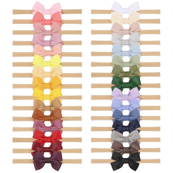 doboi 30PCS Baby Girls Headbands Hair Bows Nylon Grosgrain Ribbon Hairbands Solid Color Handmade Hair Accessories for Newborn Infant Toddlers Little Girl and Kids