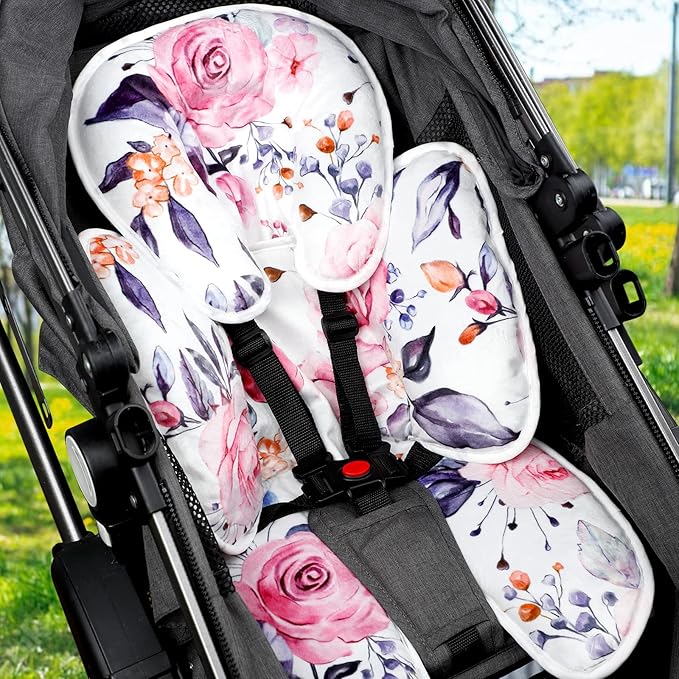 Pea Pod Baby Car Seat Head Support for Newborn, 2 in 1 Infant Car Seat Head Body Support for Girls Extra Soft Breathable Baby Car Seat Cushion Insert for Strollers, Swings, and Bouncers, Pink Floral