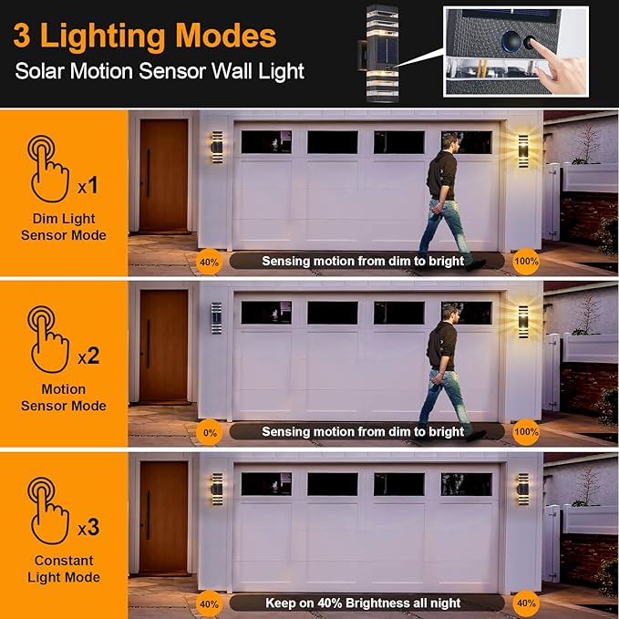2 Pack Solar Outdoor Wall Lights with Motion Sensor 3-Mode Motion Outdoor Sconces 3000K 500LM Dusk to Dawn Solar Porch Light Fixtures Modern Up Down Exterior Wall Lamp for House Garage Front Door