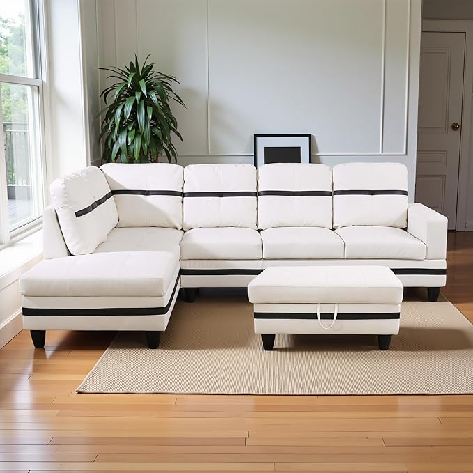 L Shaped Couch PU Leather Sectional Couch Upholstered 3 Pieces Sofas for Living Room with Chaise, Storage Ottoman for Office and Small Apartment, White and Black
