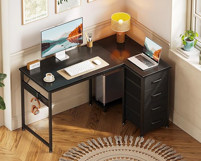 Casaottima L Shaped Desk with 4 Drawers, 40" Small Corner Computer Desk with Storage, Reversible Kids Study Table with CPU Stand & Hook, Work Table for Home Office, Black