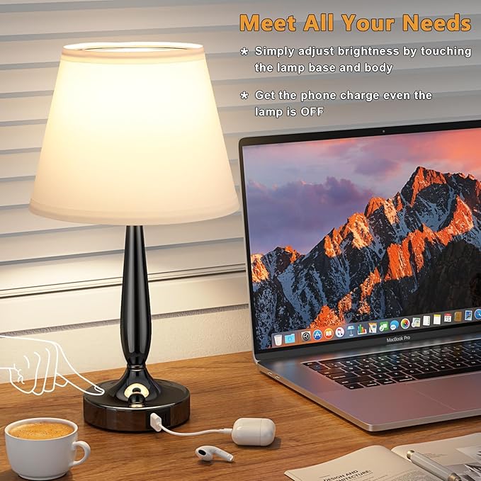Kakanuo Touch Bedside Lamps for Bedroom Set, Small Touch Table Lamps with 2 USB Charging Ports, 3 Way Dimmable Nightstand Lamps with USB C Port - White (LED Bulb Included)