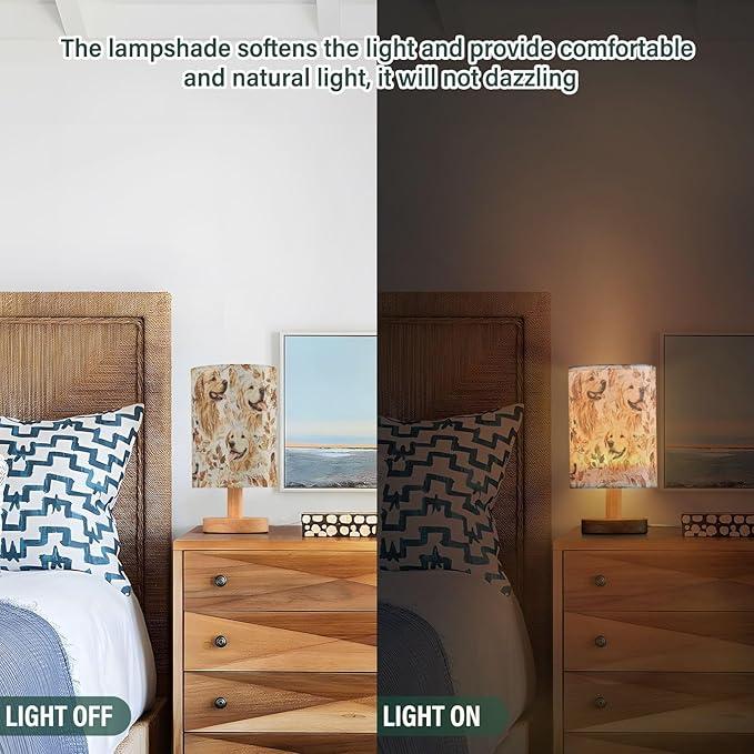 Bedside Table Lamp Fall Golden Retriever Dog Leaves Nightstand Lamp with Wood Desk Lamps for Bedroom Living Room Nursery Office Home Decor