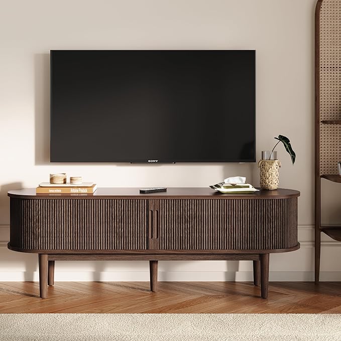 LINSY 58" Fluted TV Stand, Modern Entertainment Center for TVs Up to 65 inches, TV Console with Sliding Doors, Curved Profile Design, Media Console for Living Room, Walnut