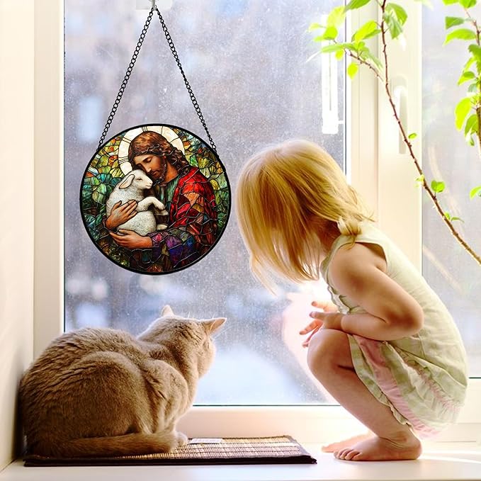 Stained Glass Window Hanging, Jesus Little Lamb Sun Catchers Colorful Glass Panel Christianity Suncatcher Decor for Birthday for Women, Men, Wife, Aunt, and Mom 7.8 in
