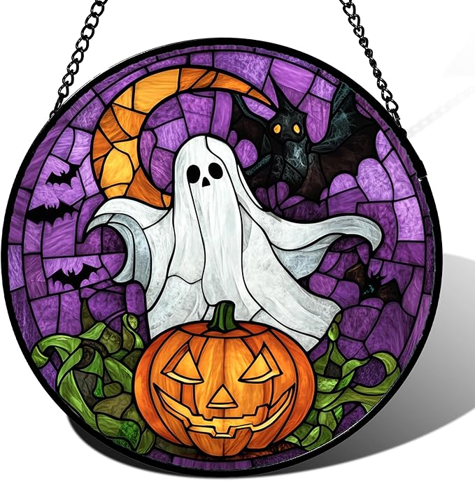 Stained Glass Window Hanging Halloween Scary Purple Night Sky Bat Ghost Large 11.8" - Suncatcher Door Garden Sun Catcher Gothic Home Decor Birthday Horror Gifts for Mom Men Woman Friend