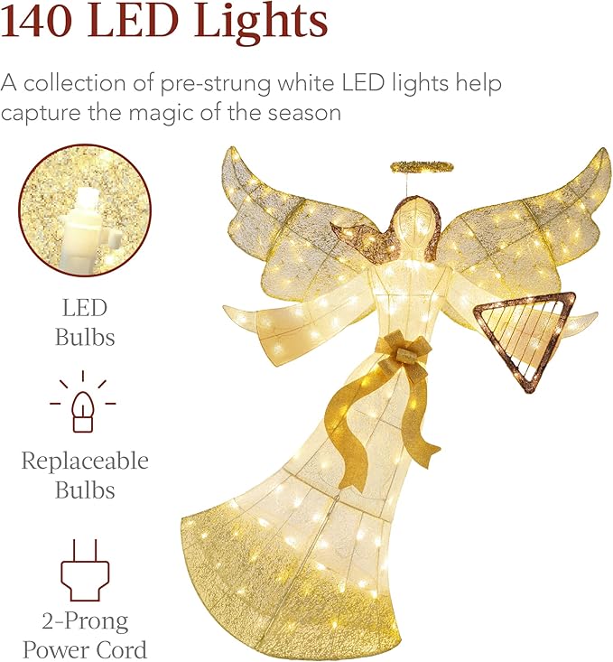 Best Choice Products 5ft Lighted Outdoor Angel Christmas Decoration, Pre-Lit Winged Holiday Figure for Lawn w/ 140 LED Lights, Harp, Bow, Halo, Zip Ties, Ground Stakes