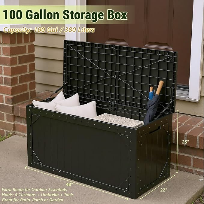 TARKARI 100 Gallon Lockable Resin Deck Box, Waterproof & UV-Resistant Outdoor Storage Box for Outdoor Cushion Storage, Garden Tools & Pool Accessories Storage, Black