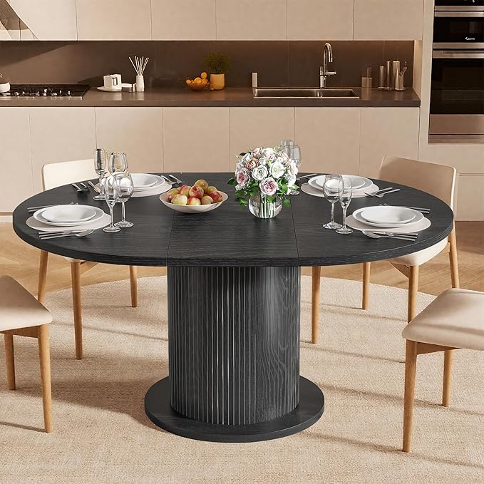 59 inch Round Dining Table for 6, Modern Farmhouse Kitchen Table, Circle Dining Tables with Wood Strip Base for Kitchen Living Room (Big Adjustable Black)