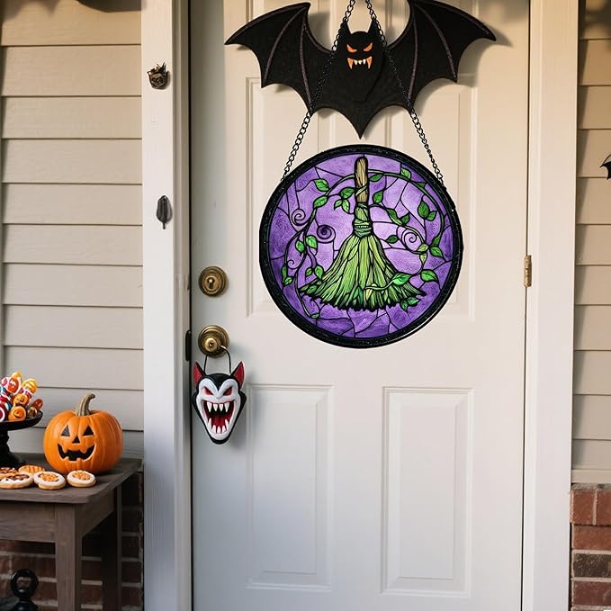 Stained Glass Window Hanging - Halloween Decorations Witch Magic Broom Suncatcher for Doors Garden Indoor Funny Spooky Sun Catchers Gothic Decor Horror Gifts for Women Men Friend 7.8 in
