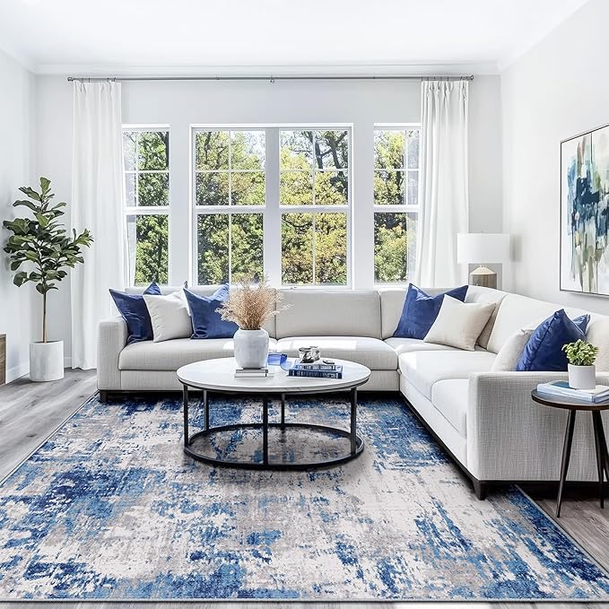 Washable Area Rugs 8'x10' Non-Slip Modern Abstract Soft for Living Room Entryway Bedroom Nursery, Print Pattern, Blue Grey Navy Gray