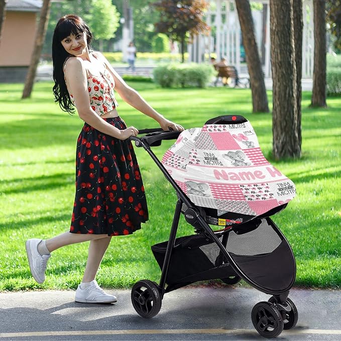 Personalized Elephant Pink Baby Car Seat Cover for Babies with Name, Custom Plaid Design Baby Car Seats Canopy for Girls, Nursing Breastfeeding Stroller Covers Infant Car Seat Blanket for Newborn