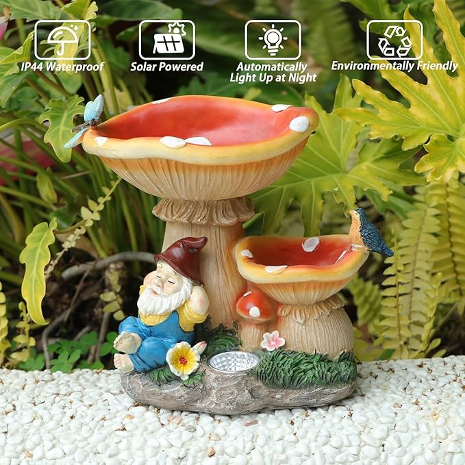 Garden Gnome Statue, Solar Powered Gnome Figurine with Mushroom Decor, Waterproof Resin Lawn Ornamnets for Outdoor Patio Yard Home Tabletop Deocr, Ideal Gifts for Mom