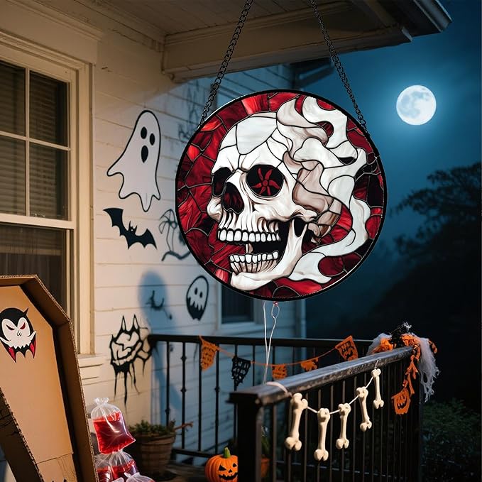 Stained Glass Window Hanging - Halloween Decorations Vampire Skeleton Suncatcher for Doors Garden Indoor Funny Spooky Sun Catchers Gothic Decor Horror Gifts for Women Men Friend 9.8 in