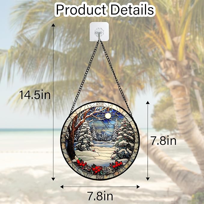 Stained Glass Window Hanging Christmas Tree Winter Snow Night Scenery 7.8" - Suncatcher Door Garden Kitchen Sun Catcher Home Decor Birthday for Mom Men Woman Friend