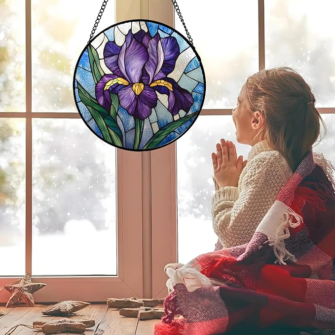 Stained Glass Window Hanging - Iris Birth Flower Suncatcher for Doors Garden Yard Purple Blue Sun Catchers Decor Christmas Mother's Day Birthday Gifts for Teacher Women Mom Nana 7.8 in