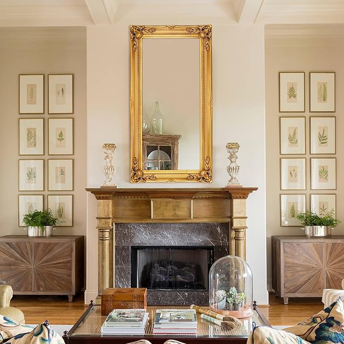 Large Decorative Mirrors for Living Room, 49.6''x25.9''Gold Vintage Dining Room Mirror with Ornate Frame, Traditional Baroque Entryway Mirror, Horizontal/Vertical