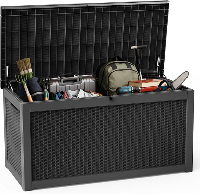 DRATO 320 Gallon Deck Box, Outdoor Large Waterproof Resin Storage Box with Lockable Lid for Patio Cushions, Gardening Tools （Black，320 Gallon）