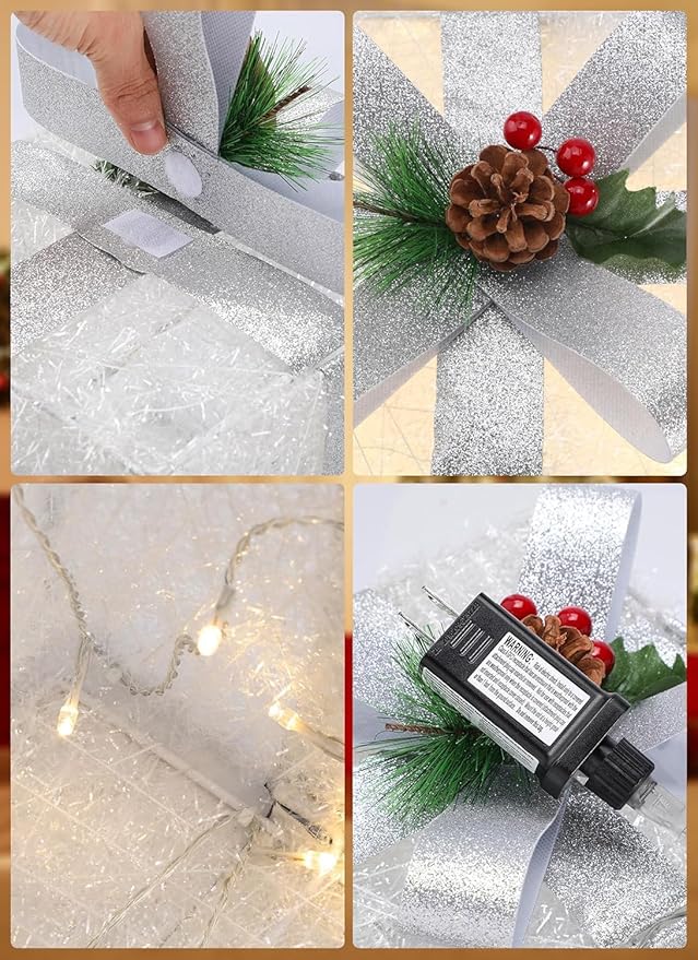 Brightown 3 Pieces Lighted Gift Boxes Outdoor Christmas Decorations, 12" 10" 8" with 60 Pre-Lit Mini String Lights，Foldable LED Boxes with Bows for Tree Indoor Outdoor Party Yard Home Decor