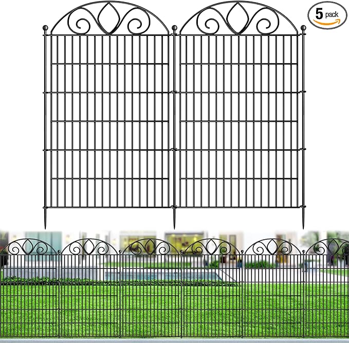 5 Panels No Dig Tall Garden Fence Panel – 44" H X 11.8' L Rustproof Metal Dog Fence Outdoor for Yard, Decorative Animal Barrier Fence for Pet, Garden Border, Patio, Flower Beds| Temporary Fencing