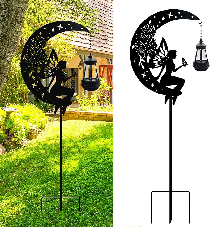 Solar Angel Garden Outdoor Stake Holding Solar Lantern Outdoor Decor Metal Large Angel Sitting Moon Silhouette Stakes for Garden Lawn Patio or Courtyard