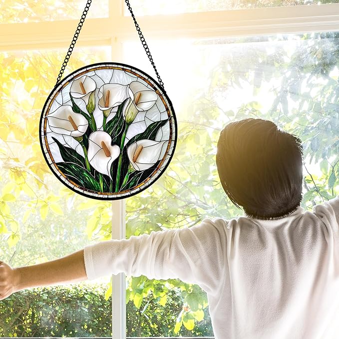 Stained Glass Window Hanging, White Calla Lily Flowers Sun Catchers Glass Panel Plant Suncatcher Decor for Birthday for Women, Men, Wife, Aunt, and Mom 11.8x11.8 in