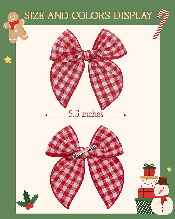 Doboi 8PCS Baby Girls Hair Clips Large Christmas Fable Hair Bows Cotton Linen Bows for Girls Gingham Hair Accessories for Baby Toddlers Kids