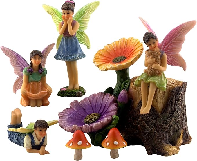 PRETMANNS Fairies for Fairy Garden - Colorful Accessories Kit for an Indoor or Outdoor Miniature Garden - 7 Piece Hand-Painted Resin Figurine Set with a Flower Stump & Mushrooms