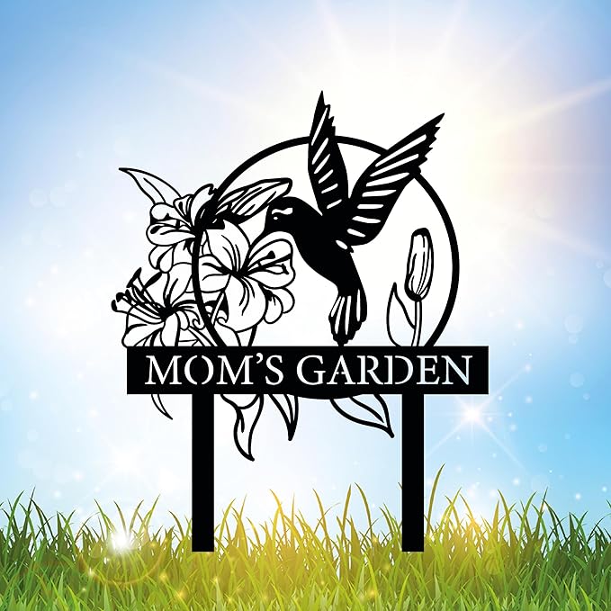 Custom Hummingbird Metal Garden Decor, Personalized Bird with Stakes Garden Sign, Flower Design Personalized Garden Sign, Custom Garden Name Sign, Home Gift, Large Outdoor Decor, Patio Decor