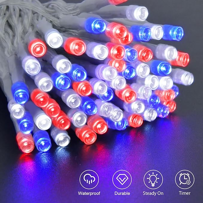 cshare Red White and Blue Lights Battery Operated, 4th of July Lights with Timer Outdoor Waterproof 9.8ft 30 LED for 4th of July Independence Day Decorations Garland Party Garden