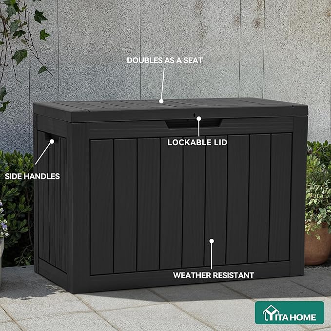 YITAHOME 45 Gallon Deck Box, Outdoor Storage Box for Patio Cushions, Outdoor Tools, Gardening Tools, Sports Equipment, and Throw Pillows, Lockable and Waterproof, Black