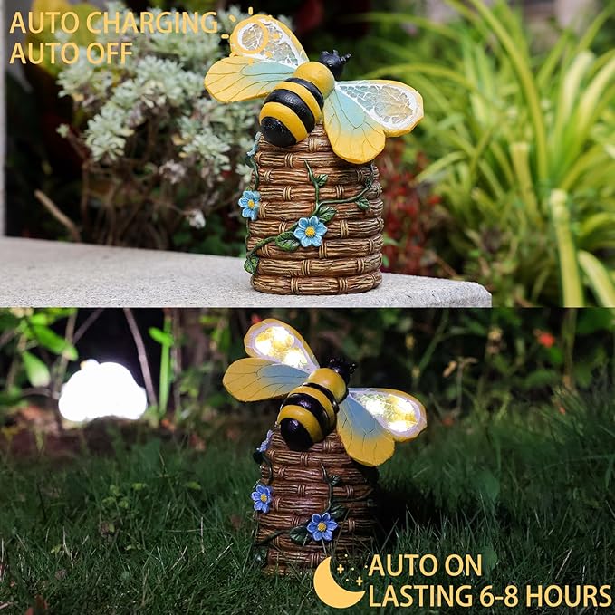 Garden Statue Bee Decor-Outdoor Statue Bees Decorations-Solar Garden Light Bumble bee Figurine Patio,Balcony,Yard,Lawn Ornament Mom Gift
